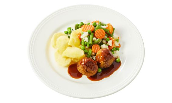 Standaard Gehaktbal met jus, gemengde groenten en gekookte aardappelen